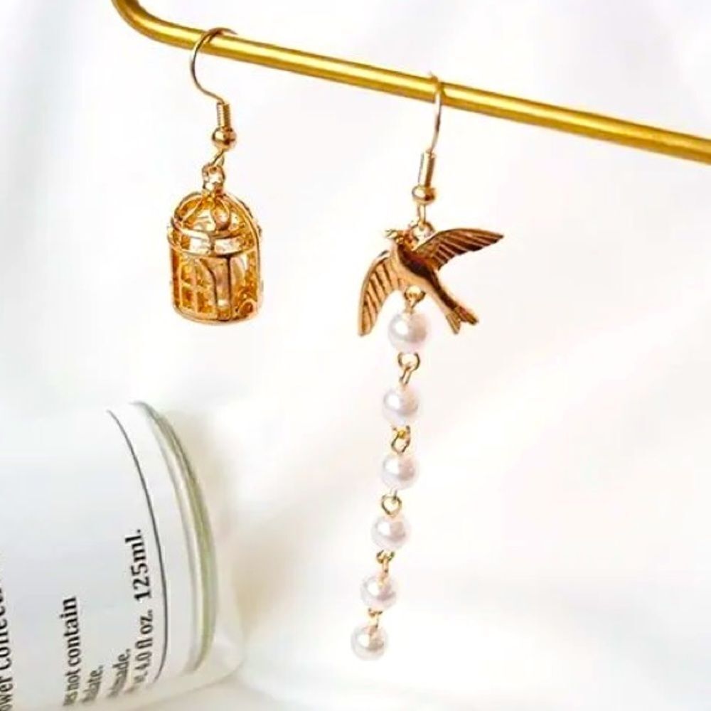 Asymmetrical Pearls & Birdcage Golden Earrings